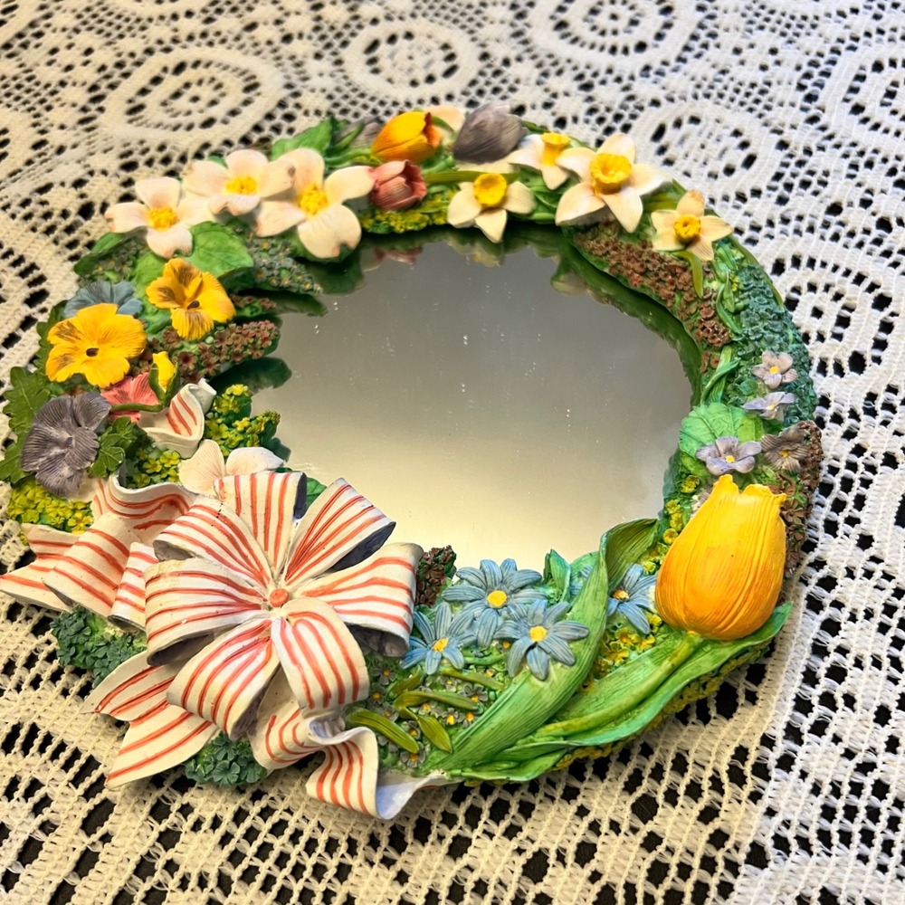 Vintage Lefton Hand-Painted Ceramic Floral Wreath Mirror | Cottage 90s